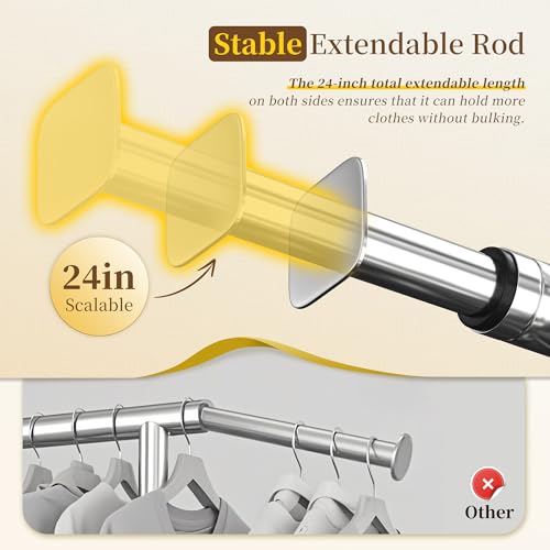 Raybee 75"Wide Clothes Rack with 4 Extra Hooks Sturdy Rolling Clothing Rack | 450LBS Capacity, Stainless Steel, Extendable Hanging Rod, 360° Lockable Wheels, Height Adjustable, 15-Min Tool-free Assembly - color: Chrome, style: Rod Shelf