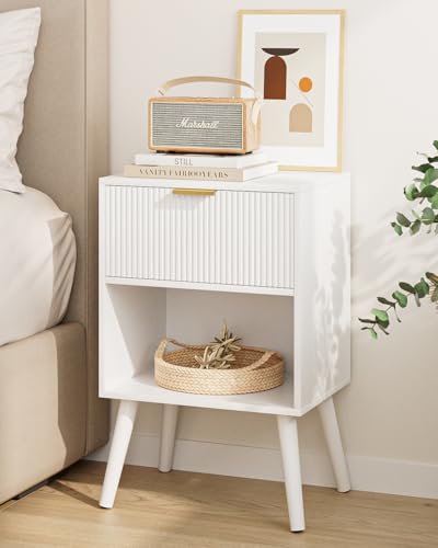 Aienvey Nightstand, Small Bedside Table with Storage Drawers, White Stripe | Modern Night Stand with Drawer and Wood Leg, Small Side Table with Open Shelf, End Table for Bedroom,Living Room,Small Spaces - color: White Stripe