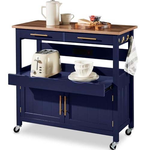 Best Choice Products 36in Large Rolling Kitchen Island Cart, 2-Door Cabinet, 2 Drawers, Pull-Out Shelf, Power Outlet, Hooks, & Swivel Lockable Wheels - Midnight Blue - style: Midnight Blue