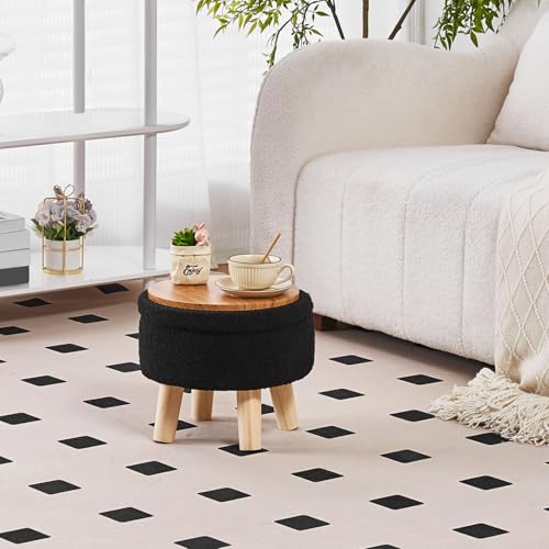 Wimarsbon Storage Ottoman, Modern Round Footrest with Soft Padded Seat, Teddy Velvet Footstool with Wood Legs, Accent Small Table or Plant Stand for Hallway, Living Room (Black) - color: Black