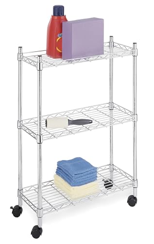 Whitmor 3 Tier Shelving Unit with Wheels, Adjustable Heavy Duty Metal Storage Shelves, 400 lbs Capacity per Shelf, 1200 lbs Total for Home, Garage, Workshop, 23" L x 9" W x 32" H, Chrome - color: Silver, size: 3-TIER, 23"L x 9"W x 32"H (With Wheels)