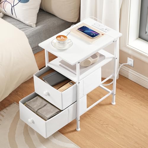 HOOBRO End Table with Charging Station, Narrow Side Table, Nightstand with 2 Non-Woven Drawers, Slim Sofa Side Table, for Small Spaces, Living Room, Bedroom, White WT486UBZ01 - color: White, size: 11.8"L x 18.9"W x 23.6"H