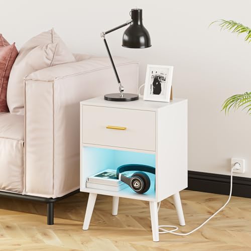 Aienvey Nightstand with Charging Station and LED Lights, White | Small Side Table, Bedside Table with Drawer, Modern Night Stand with Light/Power Strip, End Table for Bedroom, Living Room - color: White