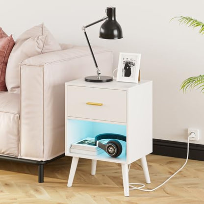 Aienvey Nightstand with Charging Station and LED Lights, White | Small Side Table, Bedside Table with Drawer, Modern Night Stand with Light/Power Strip, End Table for Bedroom, Living Room - color: White