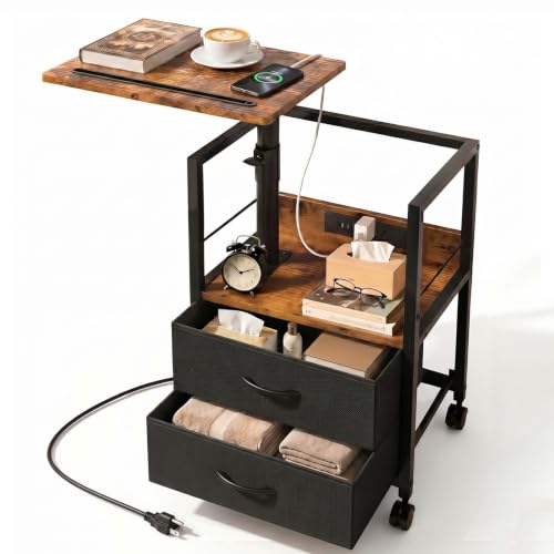 Faesun Swivel Lift Top Nightstand with Charging Station, Rolling Side Table for Recliner, Bedside Table with Wheels & 2 Fabric Drawers, for Small Spaces, for Bedroom, Living Room, Brown Black - color: 07 - Brown Black, size: 2 Drawers