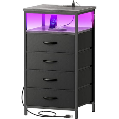 Huuger Night Stand with Charger Station and LED Lights, 4 Drawer Nightstand, Bed Side Table with Open Shelf, End Table, Fabric Dresser for Bedroom, Grey - color: Grey, size: 11.8"D x 15.7"W x 33.9"H（4 Drawers）