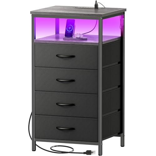 Huuger Night Stand with Charger Station and LED Lights, 4 Drawer Nightstand, Bed Side Table with Open Shelf, End Table, Fabric Dresser for Bedroom, Grey - color: Grey, size: 11.8"D x 15.7"W x 33.9"H（4 Drawers）
