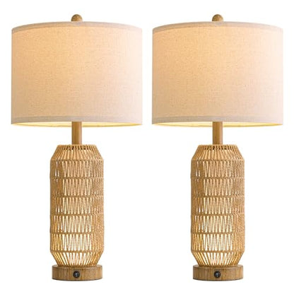 OYEARS 25" Table Lamps Set of 2 with Night Light,Bedside Lamps for Bedroom,Boho Lamps with USB C+A Charging Ports,Farmhouse Table Lamp with Rattan,Frosted Glass,Linen Shade (Wood Grain,Bulb Included) - color: Wood-Grain