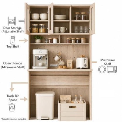 Garvee 71" Large Kitchen Pantry Cabinet with Drawers and Power Outlet, Tall Kitchen Hutch with Countertop for Kitchen,DIY Pegboard and Drawers, Farmhouse Food Pantry for Living Room - color: Natural Wood