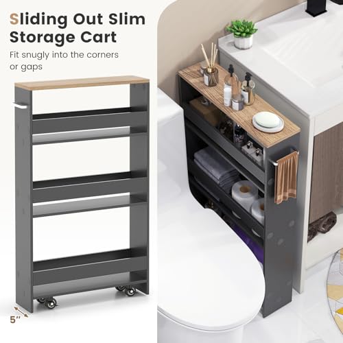 4-Tier Slim Rolling Storage Cart, Wooden Kitchen Utility Cart with Wheels & Handle, Space Saving Trolley, Slide Out Shelving Unit for Narrow Spaces, Laundry, Bathroom (Grey + Natural) - color: Grey + Natural