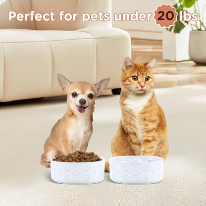 SPUNKYJUNKY Ceramic Dog and Cat Bowls 2 Pack, 5.1'' Dog and Cat Food Water Double Feeding Bowls Non-Slip for Cats and Puppy Small Sized Breed Dogs Microwave Dishwasher Safe - 13.5 OZ, 2pcs, Paw White - color: Paw White - Only Bowls*2, size: 5.1 in - 1.7 c