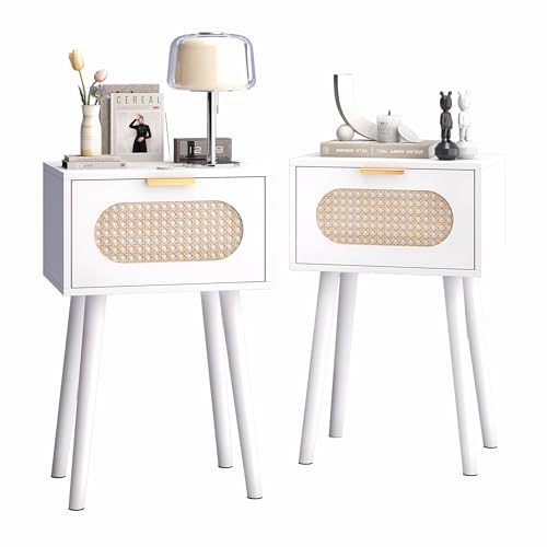 Nightstands Set of 2, Bedside Table with Rattan Door, Boho End Table with Solid Wood Legs for Bedroom, Living Room, Small Space Nightstands, White Color, HNS001W - color: White