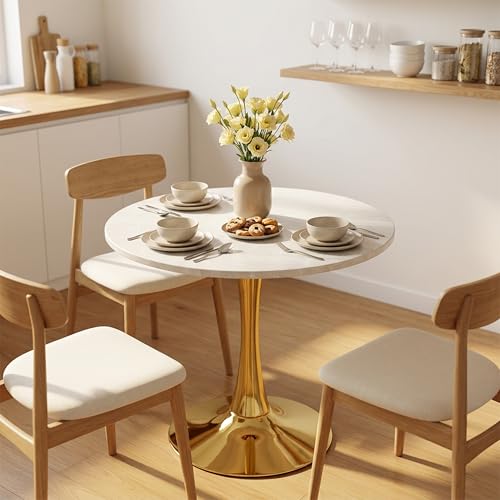 27.6" Marble Round Tulip Table, Mid-Century Modern Style Dining Table with Gold Pedestal Base for 2-4 People, Featuring A Marble Tabletop for Kitchen, Dining Room, Cafe (Grayish White) - color: Grayish White#gold