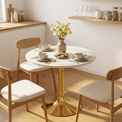 27.6" Marble Round Tulip Table, Mid-Century Modern Style Dining Table with Gold Pedestal Base for 2-4 People, Featuring A Marble Tabletop for Kitchen, Dining Room, Cafe (Grayish White) - color: Grayish White#gold