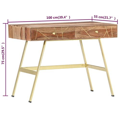 Solid Sheesham Wood Writing Desk with 2 Drawers 39.4"x21.7"x29.5" Industrial Computer Table for Home Office, Bedroom, Small Spaces - color: Solid Sheesham Wood