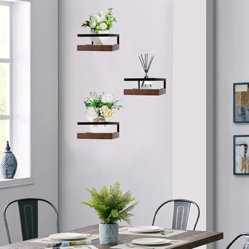 ARTORA Wall Mounted Plant Holder, Wooden Floating Shelf with Invisible Bracket Wall Mount Wood Rack Small Decorative Display Shelves with Gaurdrail for Bedroom Living Room Bathroom (Brown, 1 Pack)