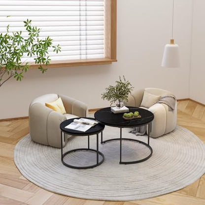 Nesting Coffee Table Set of 2 Round Side Tables, 27.6 Inch Marble Top Coffee Table with Metal Frame for Small Space, Living Room, Bedroom, Balcony & Apartment(Black) - color: Black