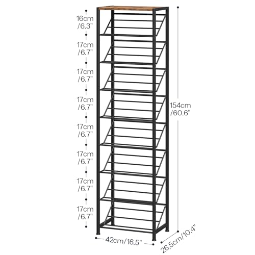HOOBRO Narrow Shoe Rack for Small Spaces, Slanted Shoe Organizer for Entryway, Slim Angled Shoe Storage Rack for Closet, Space Saving 9 Tier Shoe Shelf Holds 8-16 Pairs, Rustic Brown BF92XJ01 - size: 9 Tier ( 60.6"H)
