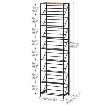 HOOBRO Narrow Shoe Rack for Small Spaces, Slanted Shoe Organizer for Entryway, Slim Angled Shoe Storage Rack for Closet, Space Saving 9 Tier Shoe Shelf Holds 8-16 Pairs, Rustic Brown BF92XJ01 - size: 9 Tier ( 60.6"H)