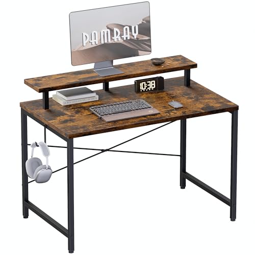 Pamray 32 Inch Small Computer Desk with Monitor Stand, Simple Office Desk with Headphone Hook for Small Spaces, Kids Study Writing Table for Bedroom, Vintage - color: Vintage, size: 32 Inch