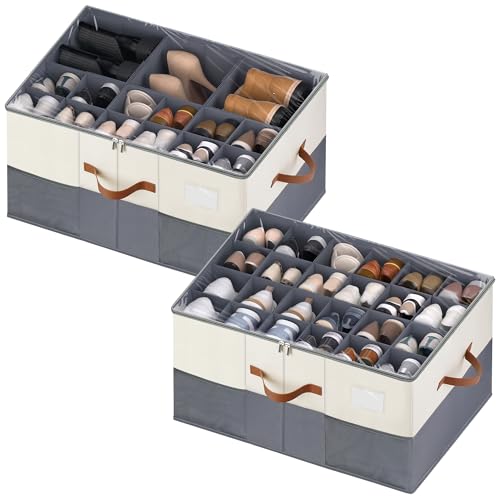 Shoe Organizer for Closet, 2 Pack Shoe Storage Containers with Adjustable Dividers, Space Saving Shoe Box Storage Organizers Bins with Clear Lid & 4 Handles, Fits 24-48 Pairs, Beige & Grey - color: Beige & Grey, size: (2 Pack) 25 ½"L x 17"W x 12 ½"H