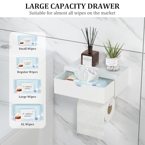 Domax White Toilet Paper Holder with Shelf,Wall Mount/Adhesive Bathroom Toilet Paper Holder,Bamboo Wood Tissue Toilet Roll Holder with Storage Drawer for Organizer Wipes,Fits Any Room, Large - color: White