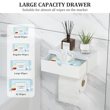 Domax White Toilet Paper Holder with Shelf,Wall Mount/Adhesive Bathroom Toilet Paper Holder,Bamboo Wood Tissue Toilet Roll Holder with Storage Drawer for Organizer Wipes,Fits Any Room, Large - color: White