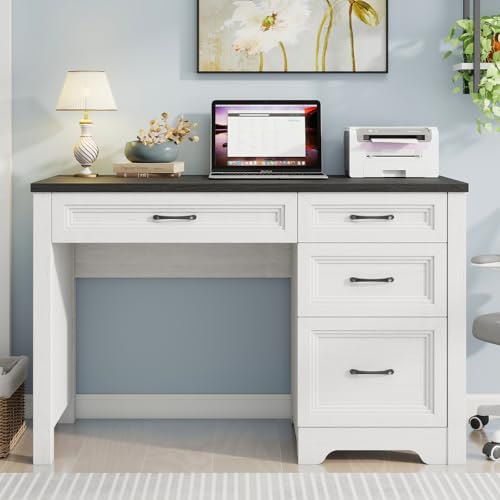 Halitaa Farmhouse Executive Desk with Drawers, Wood Computer Desk with Ample File Drawer, Rustic Home Office Desk with Storage for Bedroom, Living Room, Black - color: Black White, size: 19.69"D x 47.24"W x 30.71"H