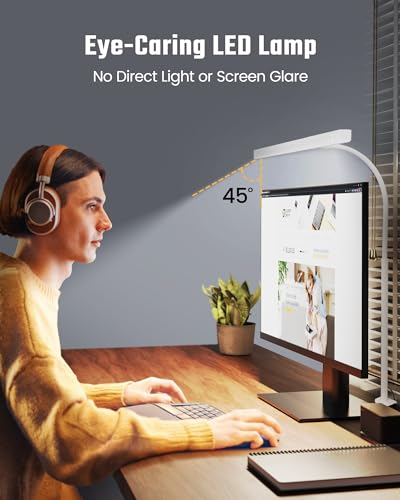SUPERDANNY LED Desk Lamp for Home Office, Eye-Caring Desk Light with Adjustable Gooseneck, 12W Touch Control Dimmable Brightness, Architect Clamp Lamp with USB Adapter, White - color: White, size: Desk Clamp