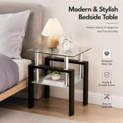 Meihua Glass End Table, Square Glass Side Table, 2-Tier Modern Nightstand with Metal Legs for Living Room&Bedroom (Transparent, 1pc) - color: Transparent, size: 1pc