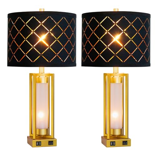 Set of 2 Modern Table Lamps for Living Room Bedroom with USB C+A | Rustic Nightstand Lamps with White Night Light, Black Grid Shade, Desk Lamps for Bedside End Tables, 4 Bulbs Included (Gold) - color: Gold