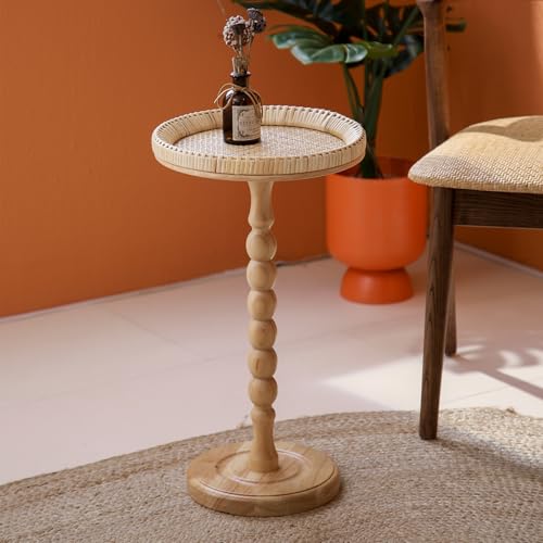 Drink Table，Rattan Round Small Side Table for Small Spaces, Boho Circle End Table Coffee Table with Solid Wood Leg for Living Room, Pedestal Table for Bedroom, Corners - size: High: 21.4", style: Bohemian