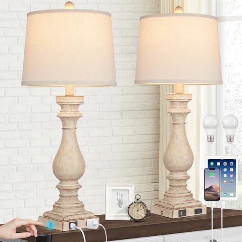 29" Tall Table Lamp for Living Room Set of 2,Farmhouse Nightstand Bedside Lamps with USB C+A Ports & AC Outlet,3-Way Dimmable Touch Control Desk Lamp for Bedroom,Color 1 - color: Beige