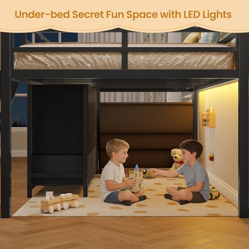 BTHFST Low Loft Bed Twin Size with 3 Storage Drawers, 3-Tier Kids Bookshelf, 5 Open Cubbies and 2 LED Lights Strips, Metal Kids Loft Bed with High Safety Guardrail, Inclined Ladder and Play Area - color: Black