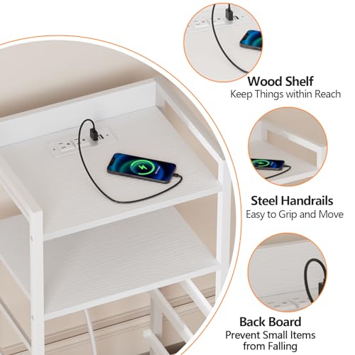 Furnulem White Nightstand with Charging Station,Small Dresser for Bedroom | 4 Drawer Tall Bedside Table with LED light & Remote Control, Metal Frame and Fabric Bins,Wood Desk Top,Easy Assemble for Dorm - color: White
