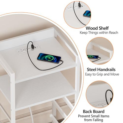 Furnulem White Nightstand with Charging Station,Small Dresser for Bedroom | 4 Drawer Tall Bedside Table with LED light & Remote Control, Metal Frame and Fabric Bins,Wood Desk Top,Easy Assemble for Dorm - color: White