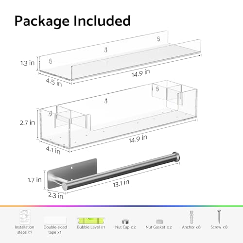 HIIMIEI Bathroom Shelves Wall Mounted: Clear Floating Shelf with Hand Towel Bar, 14.9in Acrylic Hanging Shelves Over Toilet, Set of 3 Bathroom Organizers Rack for Skin Care, Perfume, Lotion, Storage