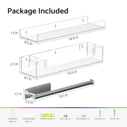 HIIMIEI Bathroom Shelves Wall Mounted: Clear Floating Shelf with Hand Towel Bar, 14.9in Acrylic Hanging Shelves Over Toilet, Set of 3 Bathroom Organizers Rack for Skin Care, Perfume, Lotion, Storage