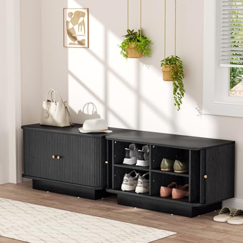 63" W Small Shoe Storage Bench, Shoe Bench Entryway with Sliding Doors and Adjustable Shelvs, Wooden Low Cabinet for Hallway, Living Room, Bedroom, Apartment, Dorm, Mudroom, Garage, Black, 2PCS - color: Black, size: 31 W * 2