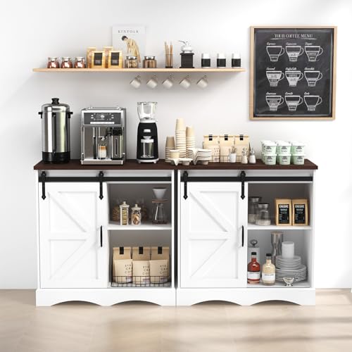 HOMFAMILIA 31.5" H Farmhouse Coffee Bar Cabinet w/Storage, White Kitchen Coffee Station with Sliding Barn Door, Rustic Buffet Cabinet with Adjustable Shelves, for Kitchen, Living Room, White - color: White