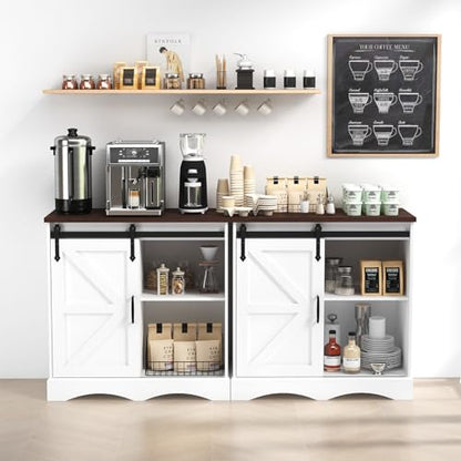 HOMFAMILIA 31.5" H Farmhouse Coffee Bar Cabinet w/Storage, White Kitchen Coffee Station with Sliding Barn Door, Rustic Buffet Cabinet with Adjustable Shelves, for Kitchen, Living Room, White - color: White