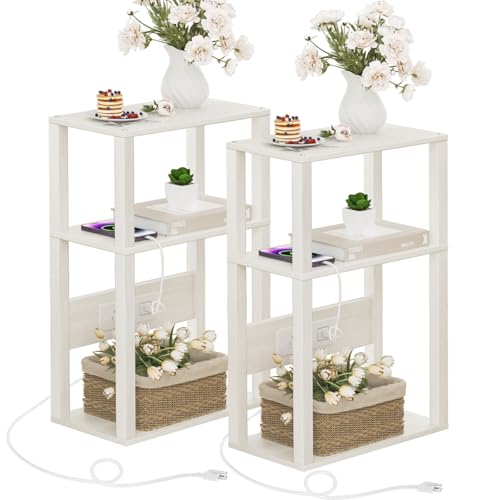 YUFAM 3 Tier Small Narrow Wood Side Table Set of 2 with Charging Station - Skinny Nightstand for Small Spaces, Slim Bedside Table with USB Ports and Outlets - Thin End Table with Storage, Grey White - color: Grey White, size: 2 Pack