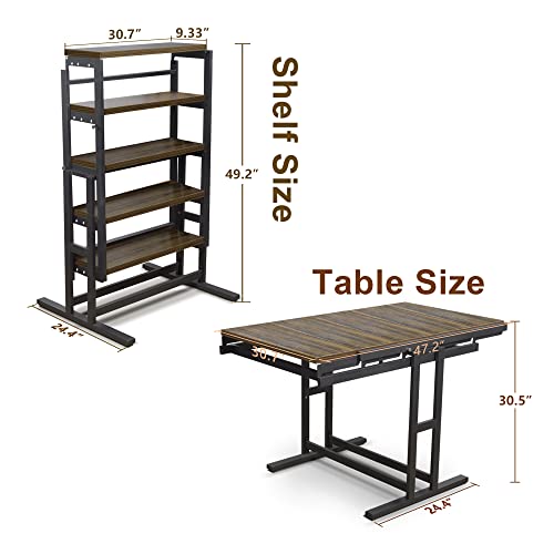 Space Saving Convertible Shelf Table, Multipurpose Converting Kitchen Dining Table to Shelf, Wood and Metal Convertible 2 in 1 Bookshelf to Dining Table