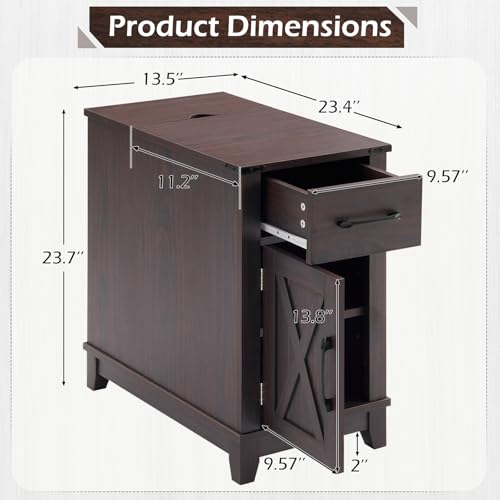EROMMY Farmhouse End Table with Charging Station, Narrow Side Table for Living Room, Nightstand with Drawer and Storage Cabinet, Adjustable Shelf, Choco - color: Choco