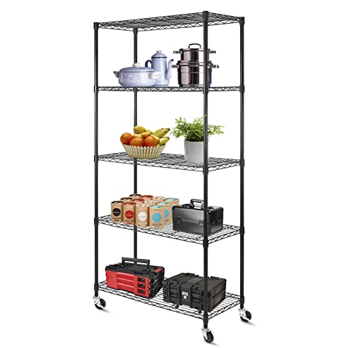 5 Tier Shelf Shelving Unit with Wheels,Adjustable Metal Shelves for Storage, NSF Wire Shelving Rack,350lbs Loading Capacity Per Shelf Storage Shelves for Kitchen Garage, 36" D x 16" W x 75" H - size: 5tier 36"D x 16"W x 75"H