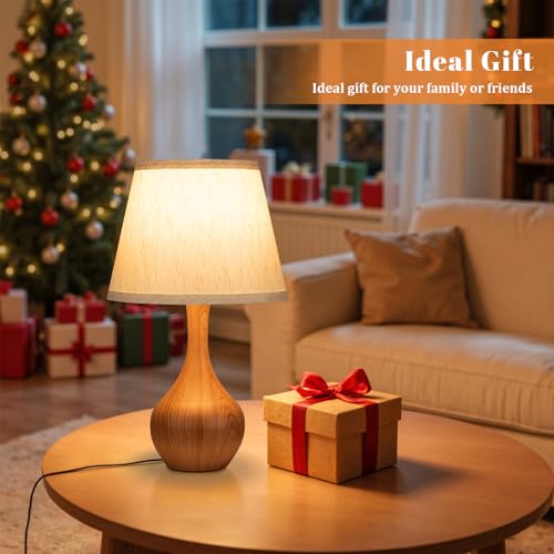 Seealle Touch Table Lamp for Bedroom, 3-Way Dimmable Small Bedside Lamps for Night Stands with Wires, Wood-Paint Desk Lamp for Kids Room, Office, Living Room, End Table(LED Bulb Included) - color: E. Oatmeal Shade & wood-paint Base