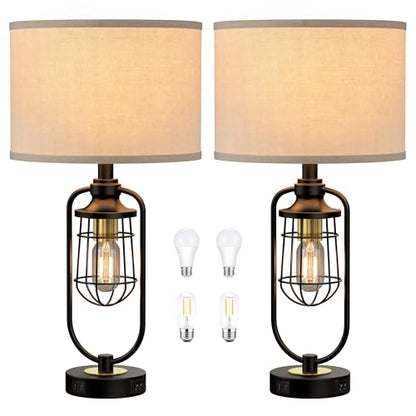 Table Lamps for Living Room Set of 2, Farmhouse Lamps for Night Stands, Industrial Bedside Lamps for Bedroom End Table with USB A+C, Bulbs Included - color: Black-Gold