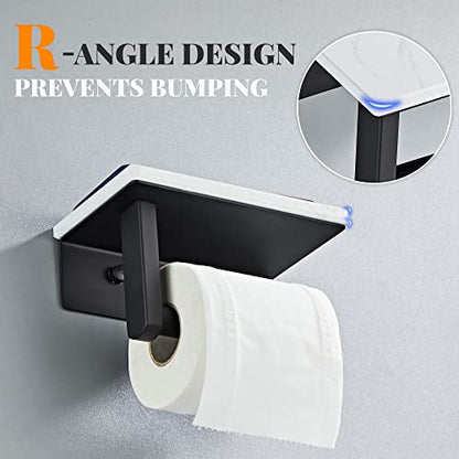 Matte Black Toilet Paper Holder with Shelf, 304 Stainless Steel Screw Wall Mounted, Marble Tissue Roll Holder with Storage - color: Matte Black