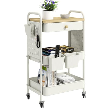 danpinera Rolling Utility Cart with Drawer, 3 Tier Rolling Cart with Wheels, Hooks & Hanging Cups, Craft Cart Art Cart Snack Cart Rolling Storage Cart with Wooden Table Top & DIY Pegboards, White