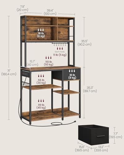 VASAGLE Bakers Rack with Charging Station, Coffee Bar, 15.7 x 39.4 x 71 Inches, Kitchen Microwave Stand, Adjustable Storage Shelves, Fabric Drawer, 12 Hooks, Rustic Brown and Ink Black UKKS027K01 - color: Rustic Brown + Ink Black, size: 15.7"D x 39.4"W